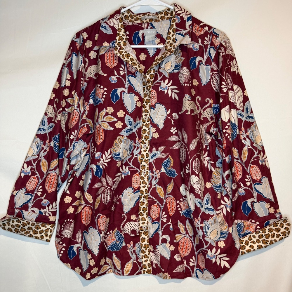 Chicos No Iron Chic Stretch Shirt Burgundy Botanical Leopard Print Size 3 XL